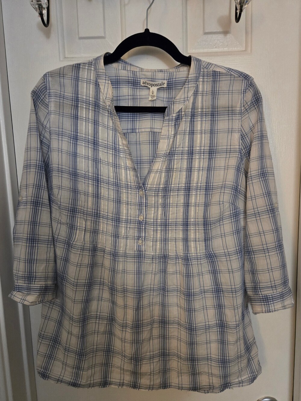Aeropostale White and Blue Plaid Button-Front Tunic 3/4 Long Sleeve Sz L